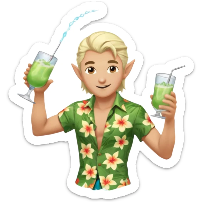 elf male legolas Unbuttoned Hawaiian shirt, swim trunks, shaking a cocktail shaker (sparks flying) sticker