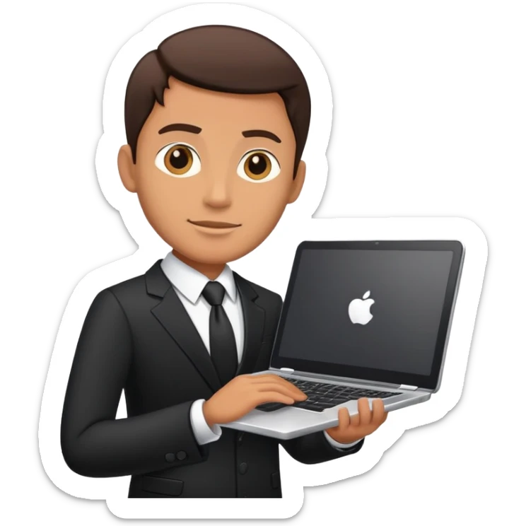 Businessman in a black business suit holding a laptop with PrimeCopy written on it sticker