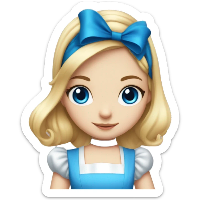 alice in wonderland, blonde girl with blue dress and white apron, blue eyes, black headband with bow on top  sticker
