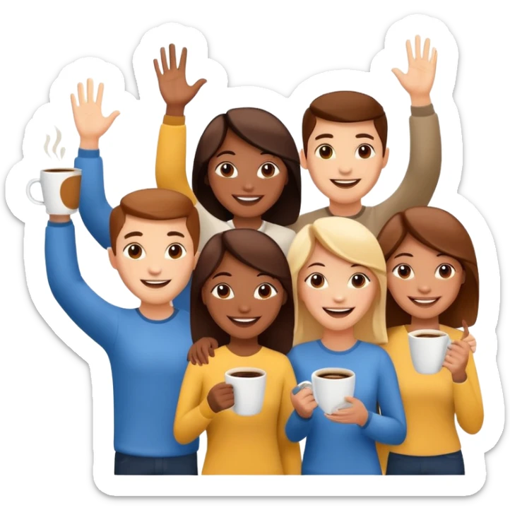 group of happy people waving with coffee cup and sun, expressing 'Good morning and happy Friday, team!' cheerful energy sticker