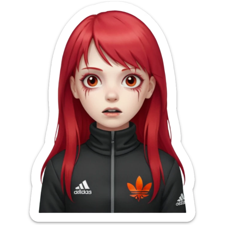 Crie um emoji de uma menina zumbi  com o cabelo vermelho longo com uma franja reta casaco de gola alta da adidas sticker
