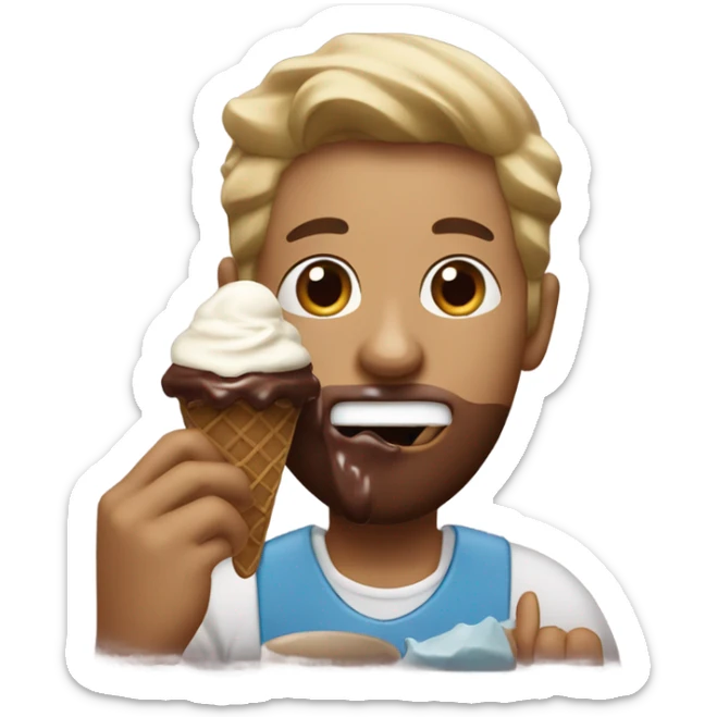 Guy eating ice cream with chocolate sauce on his face while watching football with a dog licking the spoon sticker