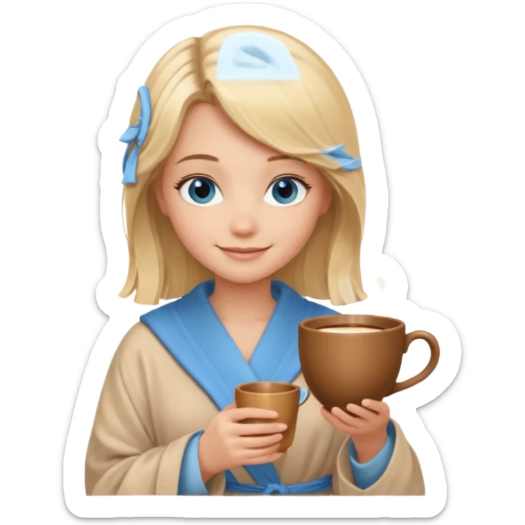 cozy blonde girl with middle length hair and blue eyes holds a brown cup in abeige  robe sticker