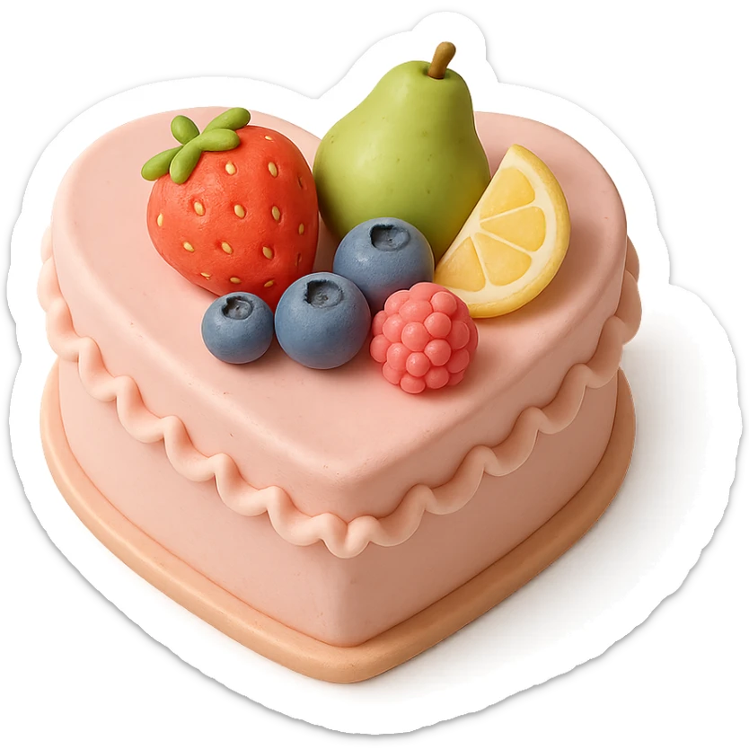 heart-shaped fondant cake with fruit toppings, transparent background sticker