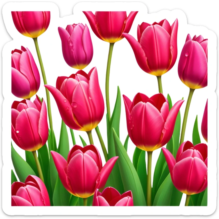 Tulips – Cinematic Realistic Tulips, depicted as a vibrant field of blooming tulips in brilliant hues, each delicate petal catching dewdrops under soft, natural spring light, rendered with detailed textures and a dreamy, picturesque glow. sticker