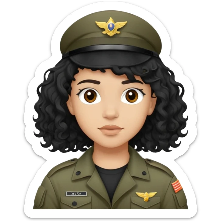 a light skin teen-w jet black wavy hair,and brown eyes in military rig sticker