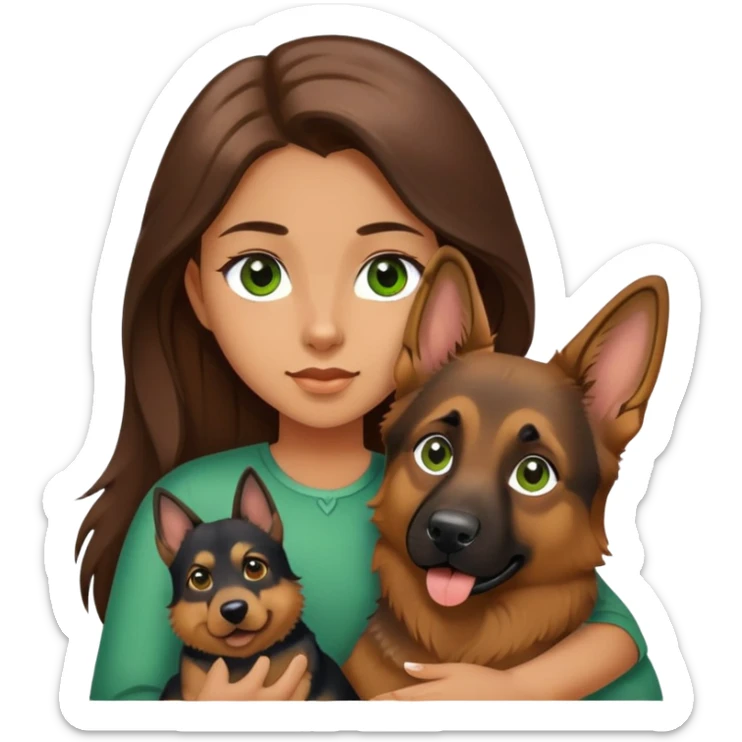 girl with long brown hair and green eyes holding a german shepherd  sticker