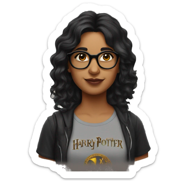 indian woman with dark wavy hair, sunglasses on her head and a harry potter tshirt sticker
