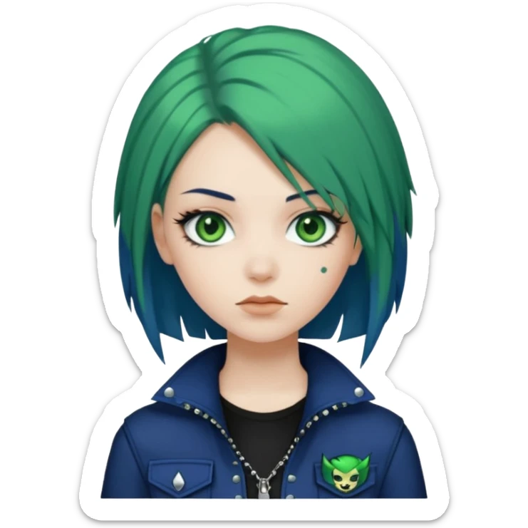 woman with white skin and green eyes, her hair is shoulder length black with navy blue hime cut layers, wearing green and blue y2k and punk themed clothes  sticker