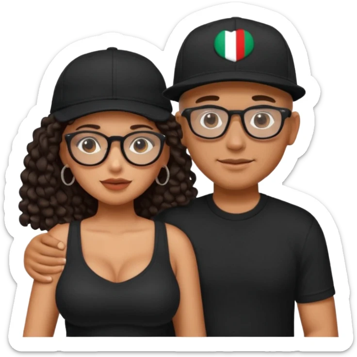 A picture of an embracing tanned couple. the man is a Mexican man with tanned skin, with a bald hair cut wearing a SnapBack hat and a black shirt. the woman wearing black glasses, with long curly dark brown hair and with big boobs.  sticker