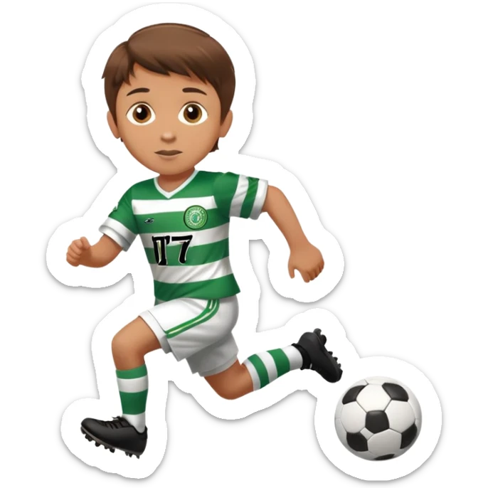 Celtic footballer jersey logo  6 years old brown hair white boy , brown eyes , stripes uniform , RUNNING  with soccer ball # 17 celtic football logo PUT ONLY ONE LOGO sticker