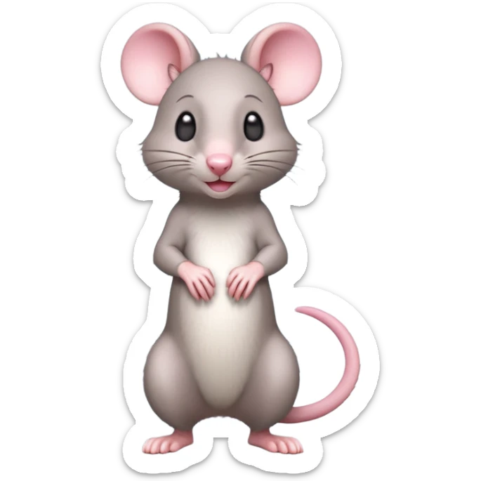 A 3D cartoon rat standing on its hind legs, gray fur, long pink tail, small round ears, curious smile, soft natural lighting, realistic yet cute Memoji-style. sticker