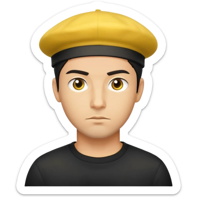 người đàn ông 30 tuổi,áo đen, da vàng, tóc ngắn màu đen, mặt nghiêm túc, đội mũ nồi màu vàng sticker