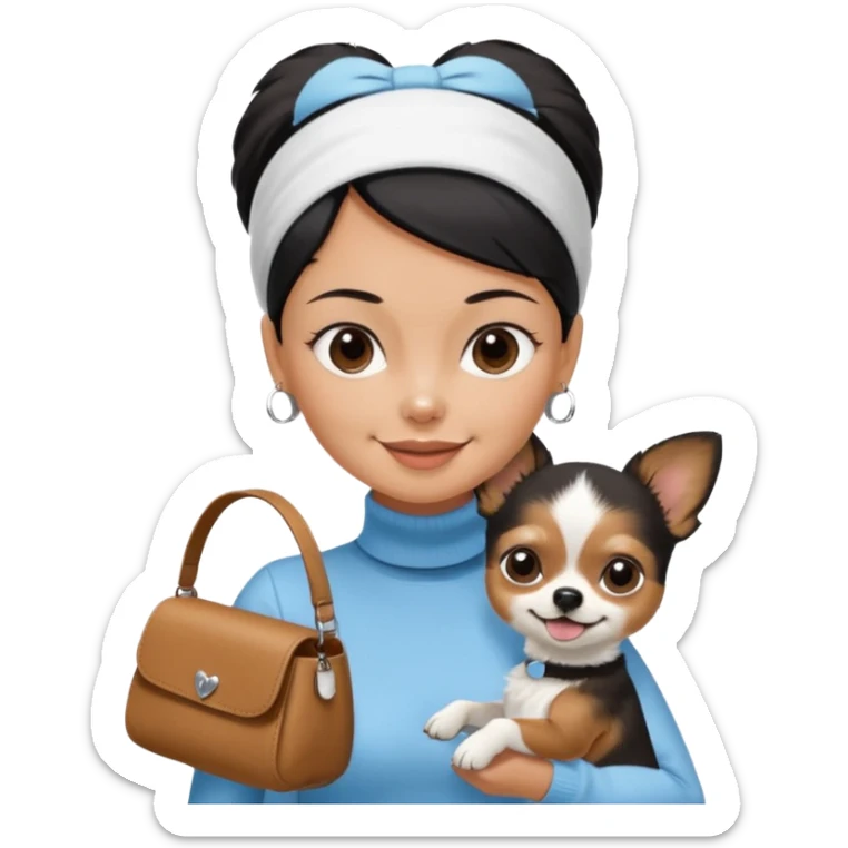 tan skin woman, with very short black hair in a slicked back ponytail with forehead showing, with white headband, wearing solid pastel blue turtleneck shirt, smiling carrying dark brown-white furry fuzzy chihuahua papillon dog inside dog purse sticker