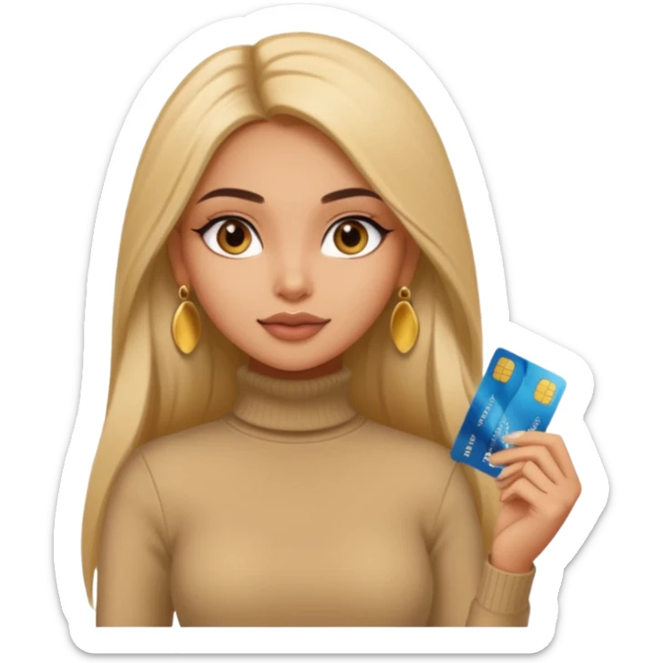 a pretty bratz fair indian girl wearing a beige turtleneck, golden earrings, straight ling hair, holding bank cards sticker