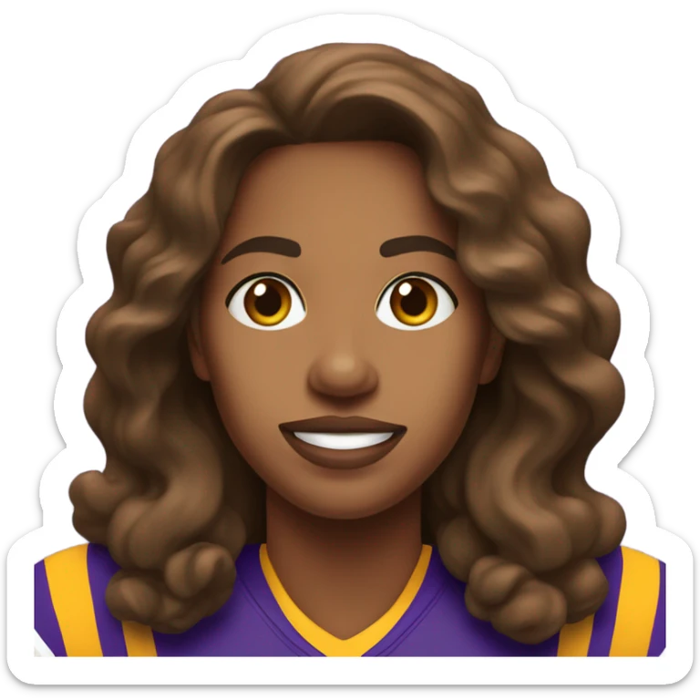Medium skin woman with very long wavy brown hair wearing lsu jersey sticker
