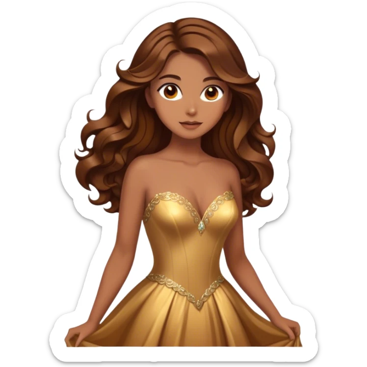 Cinematic Stunning Belle Portrait Emoji, Deep brown eyes full of curiosity, long chestnut hair flowing in soft waves, wearing her golden ballroom gown, glowing with warmth and elegance, a princess whose beauty is as radiant as her mind! sticker
