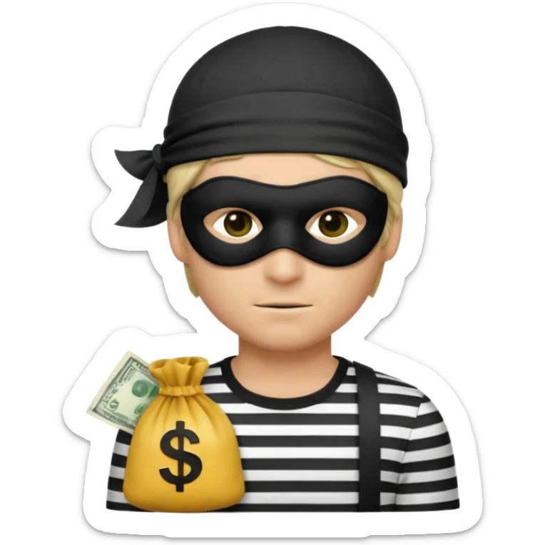 a short ios emoji-style portrait of a classic burglar, a black eye mask (looks like a blindfold) and a black-and-white striped shirt. emoji-like hair, black hat, ONE bag of money 💰 with a dollar sign in a right corner sticker