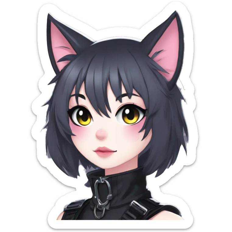 Gorgeous gothic dark techwear anime style anthro black cat furry with blushing face aesthetic and pretty edgy black with collar and harness trending style sticker