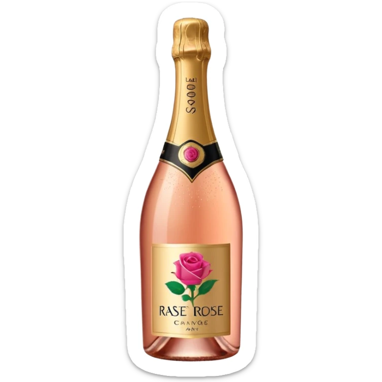 bottle of sparkling rosé champagne with a rose logo on the label, with the cork popping out from the top, tilted up and to the left, no glass sticker