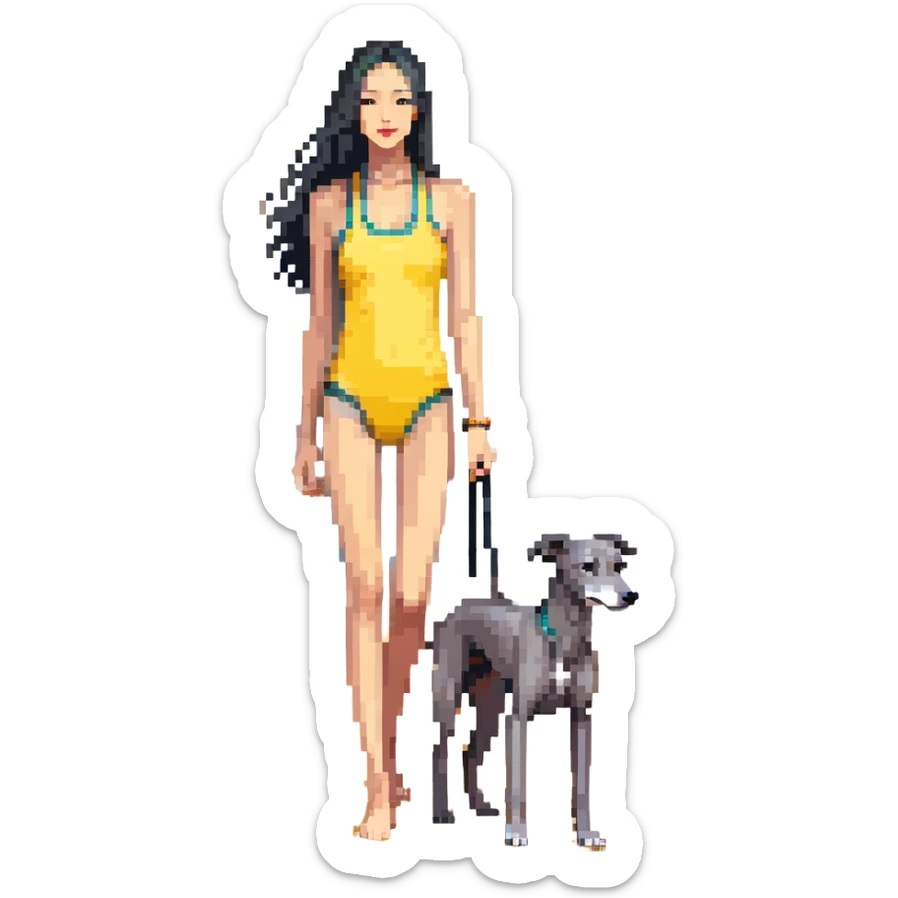 Slim Chinese woman with long black hair in appropriate beach attire at the beach with her completely solid grey Italian greyhound, ocean and sand visible, the dog has absolutely no white markings anywhere sticker