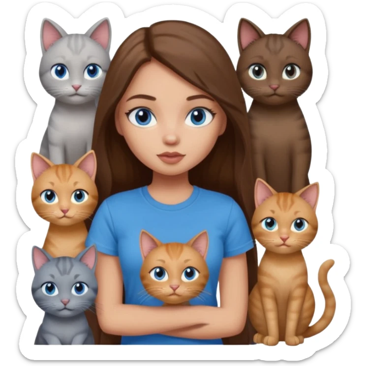 a pretty bratz dusky light skin girl with long brown hair, blue eyes with six cats nd wearing a grey tshirt sticker
