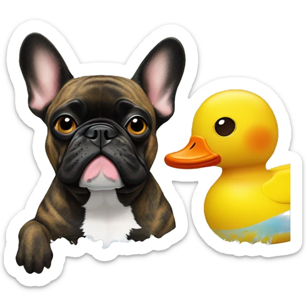brindle black faced brindle coat french bulldog  bathes with an inflatable duck sticker