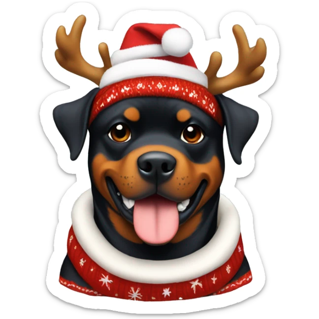 Rottweiler dog sitting in a Christmas sweater, with a headband with deer antlers on his head sticker