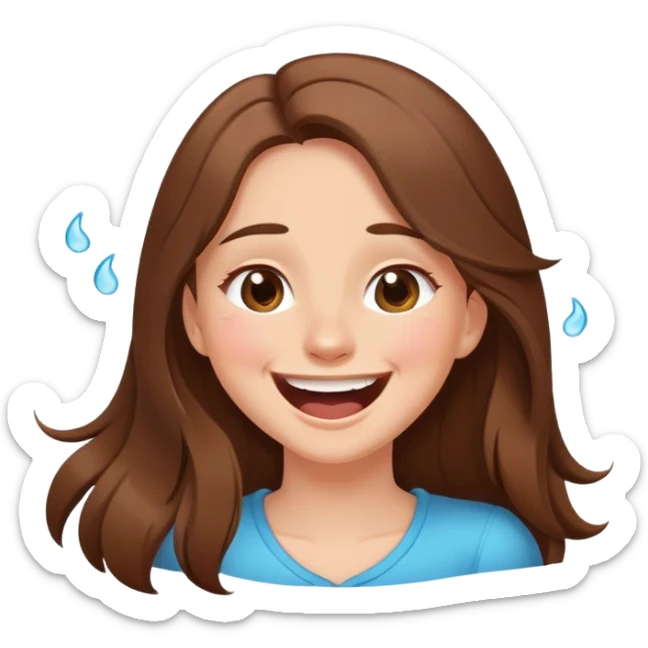 Girl with long brown hair laughing with tears in her eyes and a tilted head cartoon full body cute  sticker