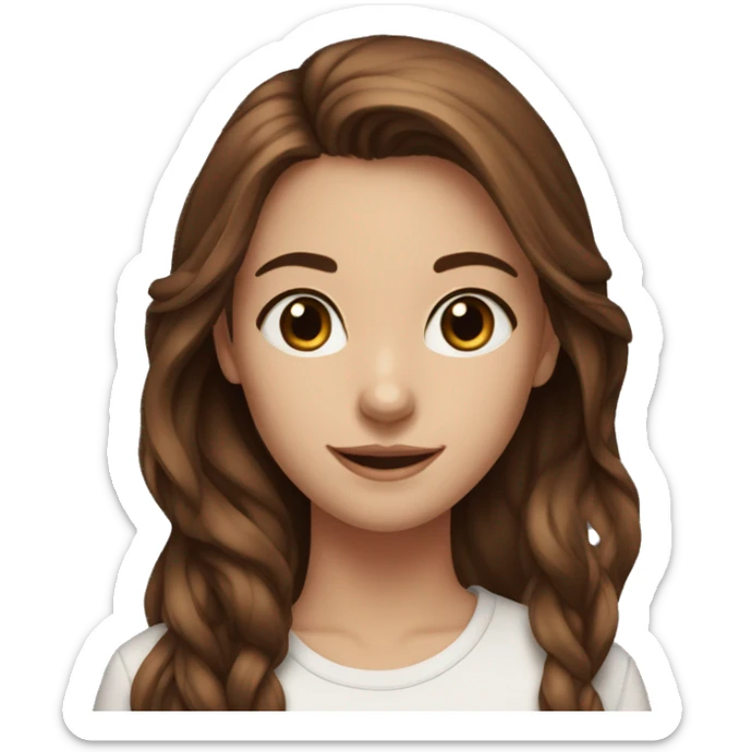 20 year old girl, dark blue eyes, long brown hair out, smiling,  sticker