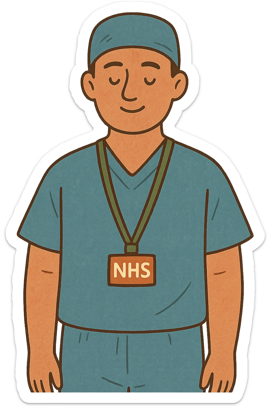 A modern day male surgeon wearing an NHS lanyard and a blue surgeon gown sticker