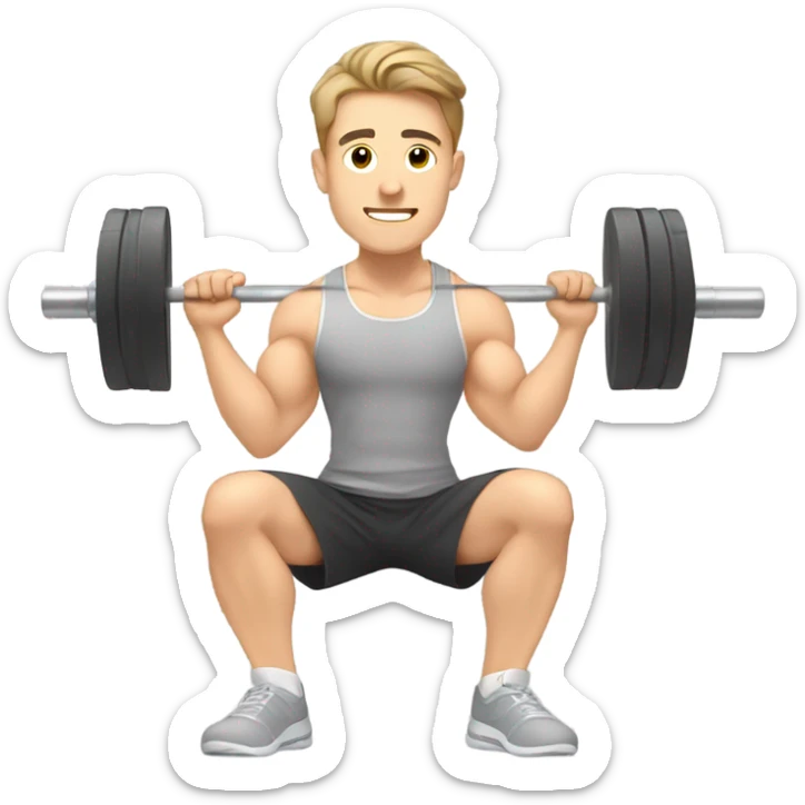 Kawaii White man with light brown hair at gym squatting with barbell from side view sticker