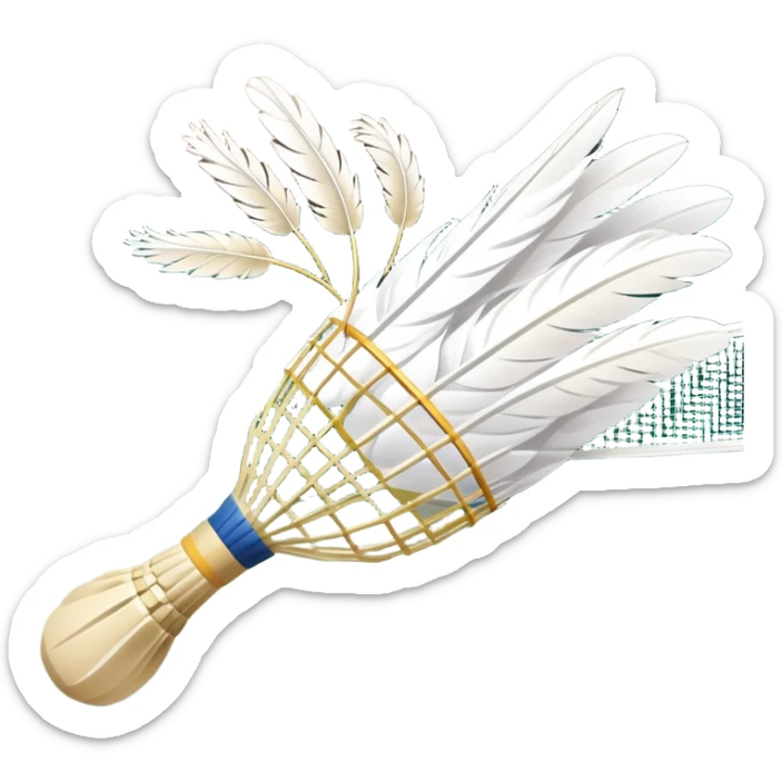 A shuttlecock mid-air above a badminton court, with its feathers spread wide and the background showing a faint outline of a net. The image emphasizes motion and lightness, symbolizing the speed and precision of the sport without players in sight sticker