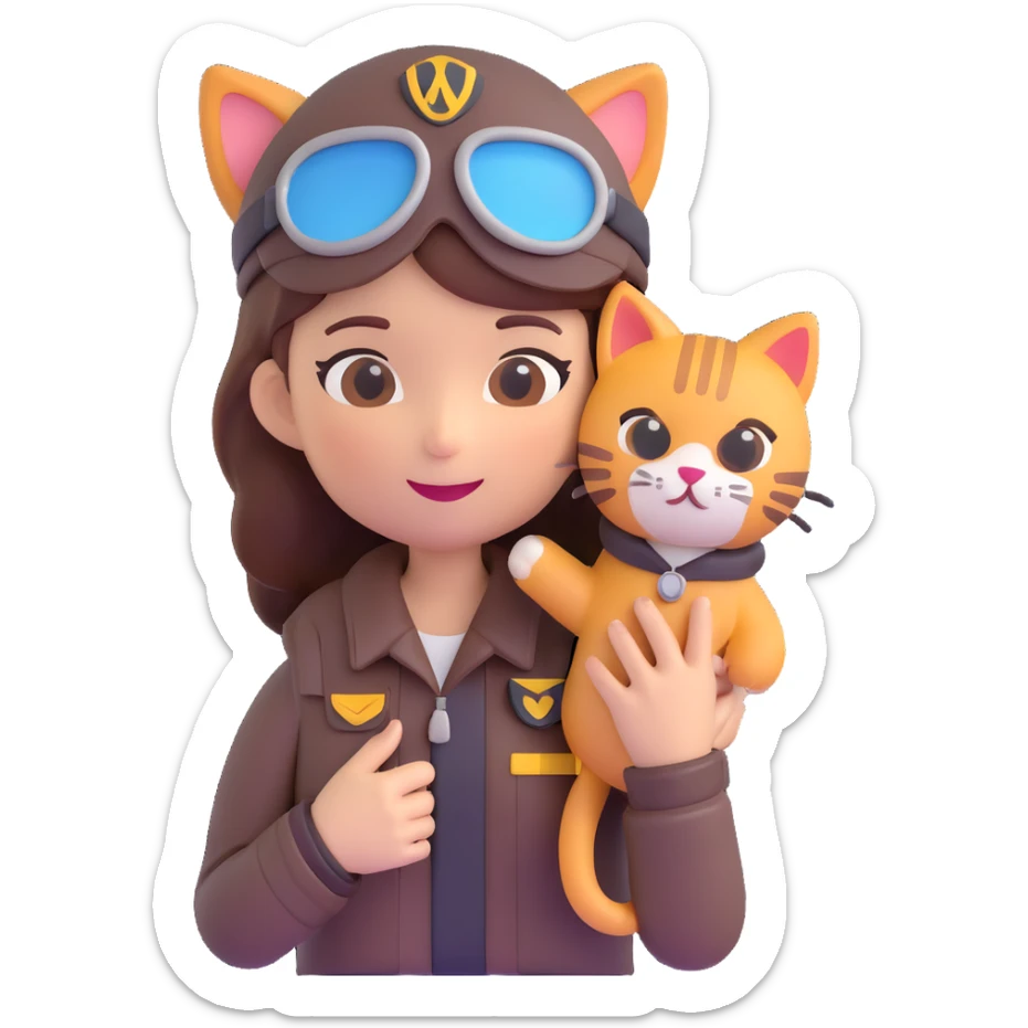 woman sitting in airplane wearing pilot outfit holding a cat emoji sticker