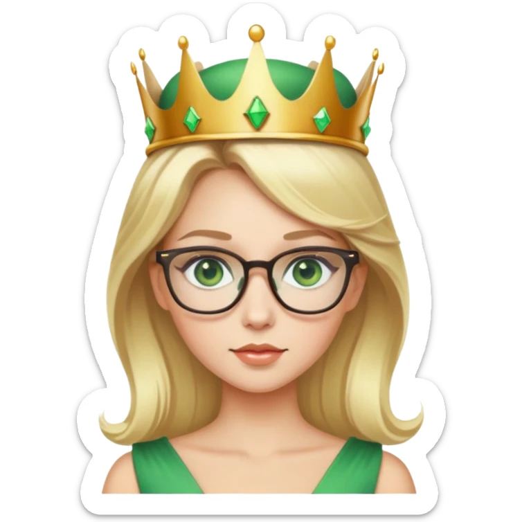beautiful princess with blonde hair, striking green eyes, wearing glasses and a crown sticker