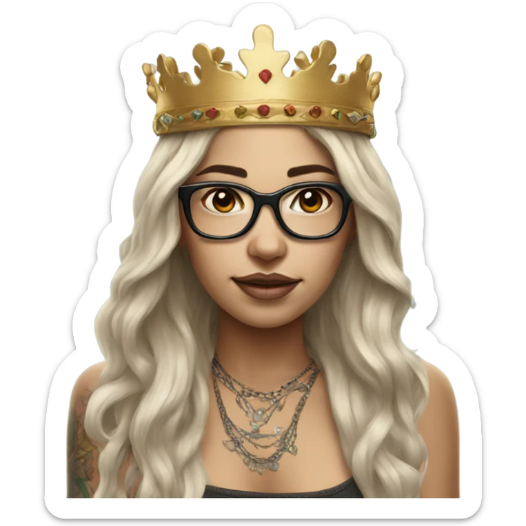 Hyperrealistic girl with long hair wearing a crown and glasses tattoos laptop sticker