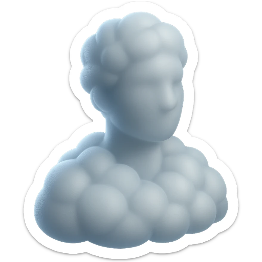 person looking straight, shoulders up, body and head made of white fluffy convex clouds, matte glass style, volumetric and soft clouds, no background sticker