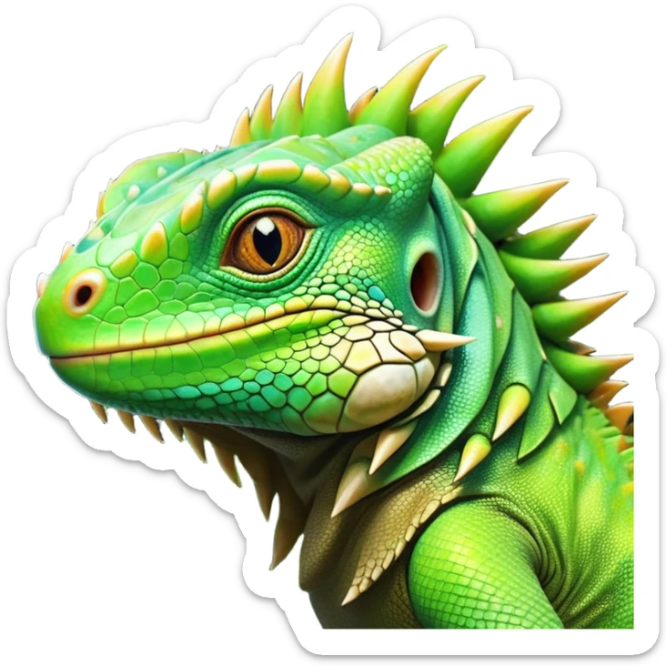 Cinematic Cute Iguana Portrait Emoji, Head tilted playfully and inquisitively, featuring a delightfully vibrant, textured body with a subtle spiky crest and large, sparkling eyes full of gentle wonder, Simplified yet irresistibly adorable features, highly detailed, glowing with a warm, inviting jungle glow, high shine, affectionate and lively, stylized with a touch of whimsical reptilian charm, soft glowing outline, capturing the essence of a mischievous yet loving iguana that seems as if it could scurry out of the screen into your arms! sticker