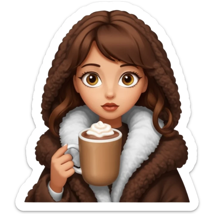 Tanned Girl with lashes , brown hair, in an extremely big fluffy oversized coat and hold hot chocolate drink and big eyes, big lip sticker
