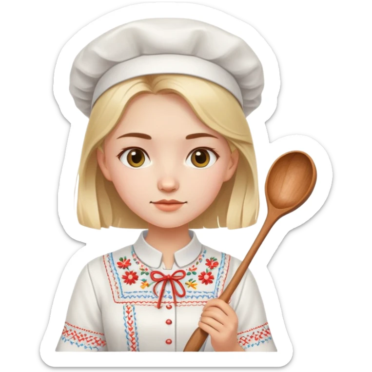 Ukrainian young girl in a white embroidered traditional shirt holding cooking tools like spoon and ladle sticker