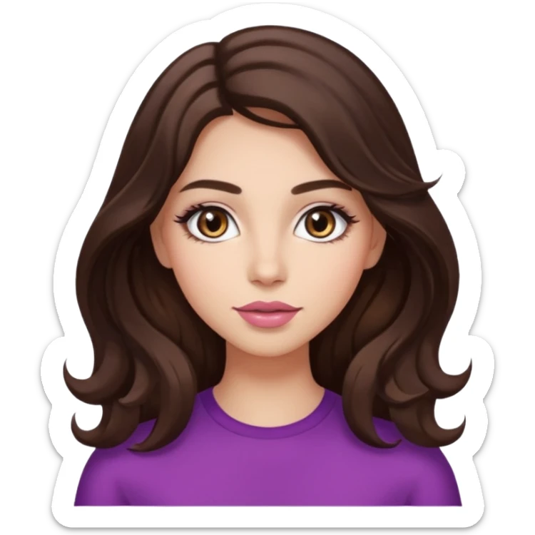 girl with wavy long dark brown hair, brown eyes, light to medium complexion, long lashes, almond shaped eyes, light pink lipstick sticker