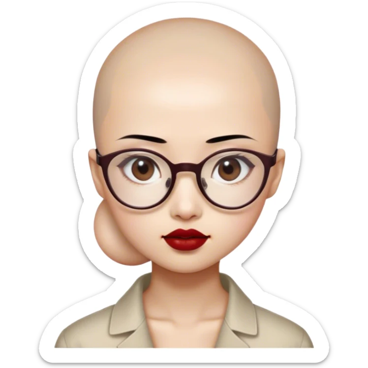 Smile Asian girl with Beige skin small Eyes with slightly upturned corners Eyes slightly close together Dark brown pupils  Bald head, wearing transparent plastic frame glasses  , thin lips with  Dark red lipstick sticker