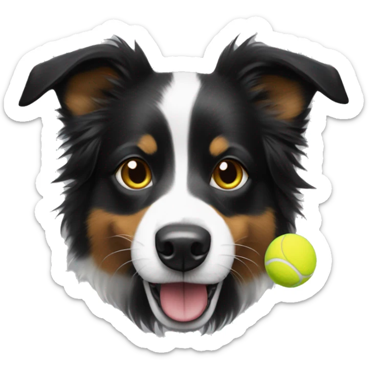 Black with a little white on her short fur border collie dog, red bandana, yellow tennis ball held in mouth sticker