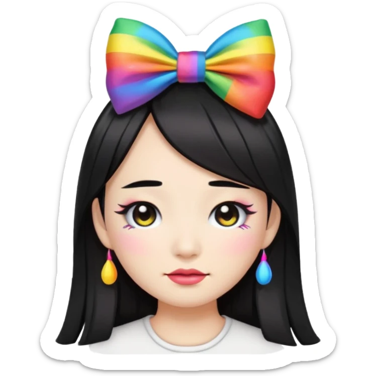 asian emoji face with long hair with bad thick black eyeliner and rainbow bow on head sticker