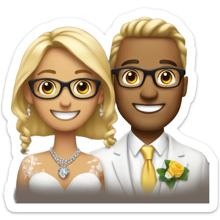 smiling couple with jewelry. Add glasses to the groom sticker