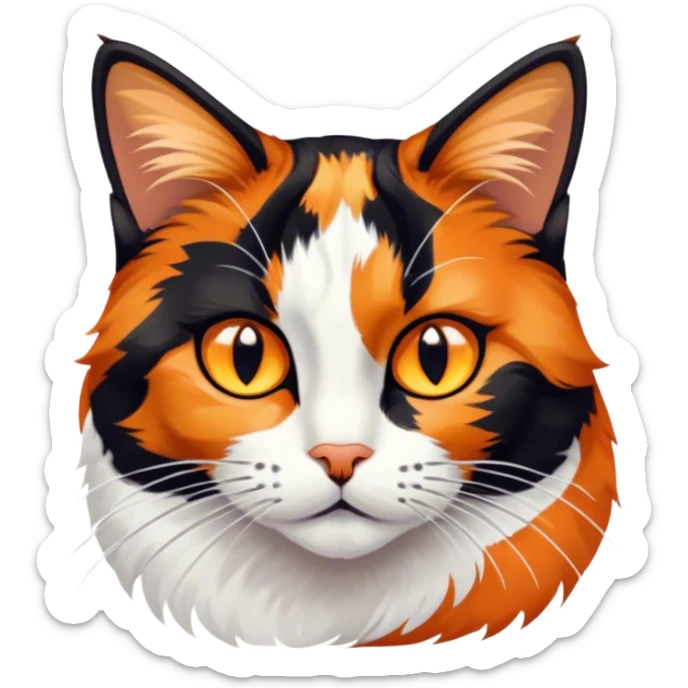 Cinematic Noble Calico Cat Portrait Emoji, Poised and regal, with a striking patchwork fur in vibrant orange, black, and white hues, delicate whiskers and a refined, focused gaze, simplified yet exquisitely detailed, glowing with a soft, moonlit radiance and an air of aristocratic elegance, high shine, exuding dignified intelligence and poised authority, soft glowing outline, capturing the essence of a watchful and noble calico cat that appears ready to grace the screen with effortless majesty! sticker