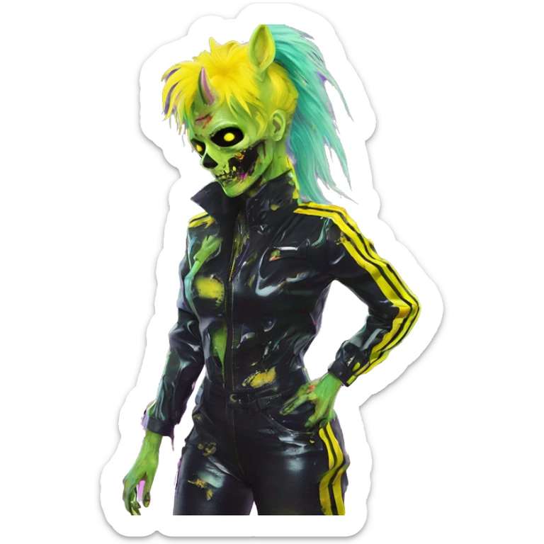 .Zombie_ Vaporwave black holographic oilslick zombie unicorn yellow caution tape sticker