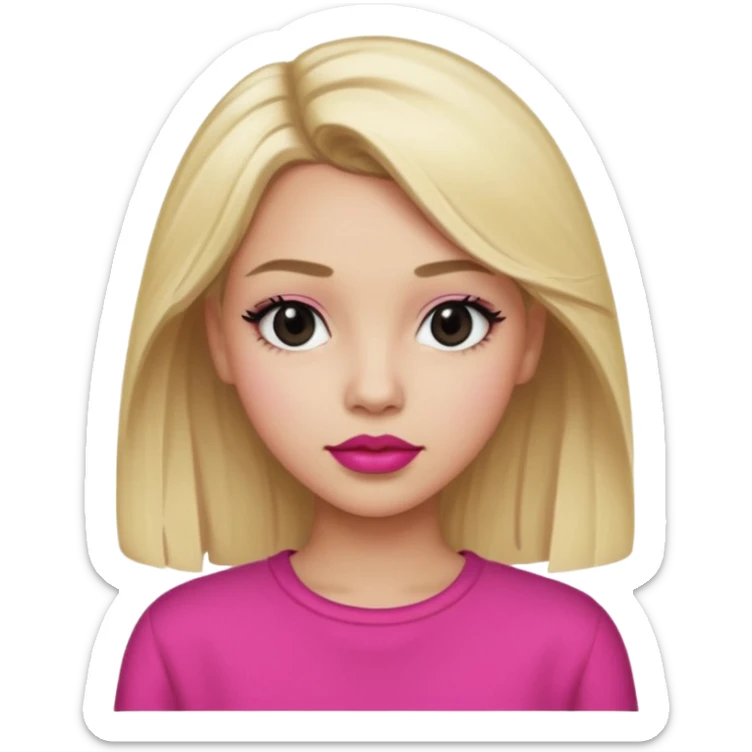 blonde girl with black eyes and light skin with red lipstick  and pink style sticker