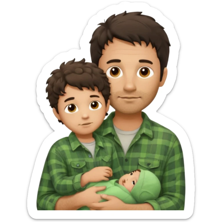 A father with messy medium-length dark hair and light stubble, wearing a green flannel shirt. He holds his child who has short curly brown hair and a cream-colored romper. Cozy warm lighting, authentic family moment. sticker