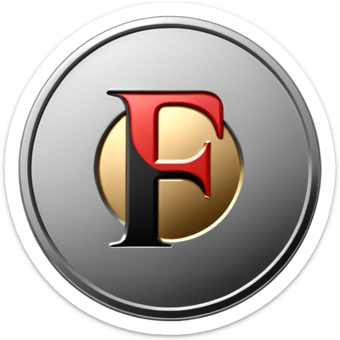 Emoji icon of a metal coin with engraved letter F, minimalist style, isolated, only black color sticker